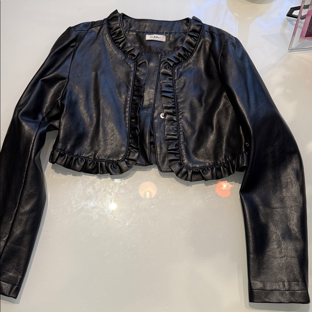 Black leather Ruffled  detail Jacket girls size 10